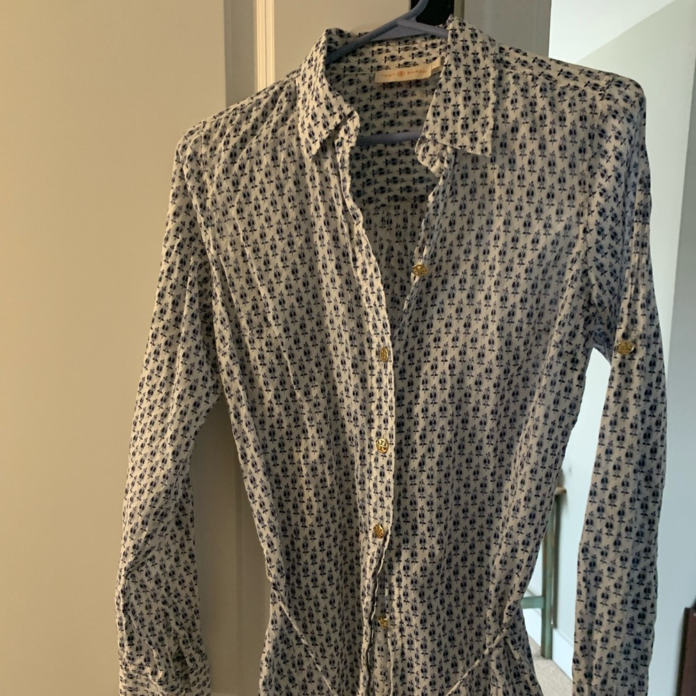 Tory Burch White & Blue button down tunic shirt